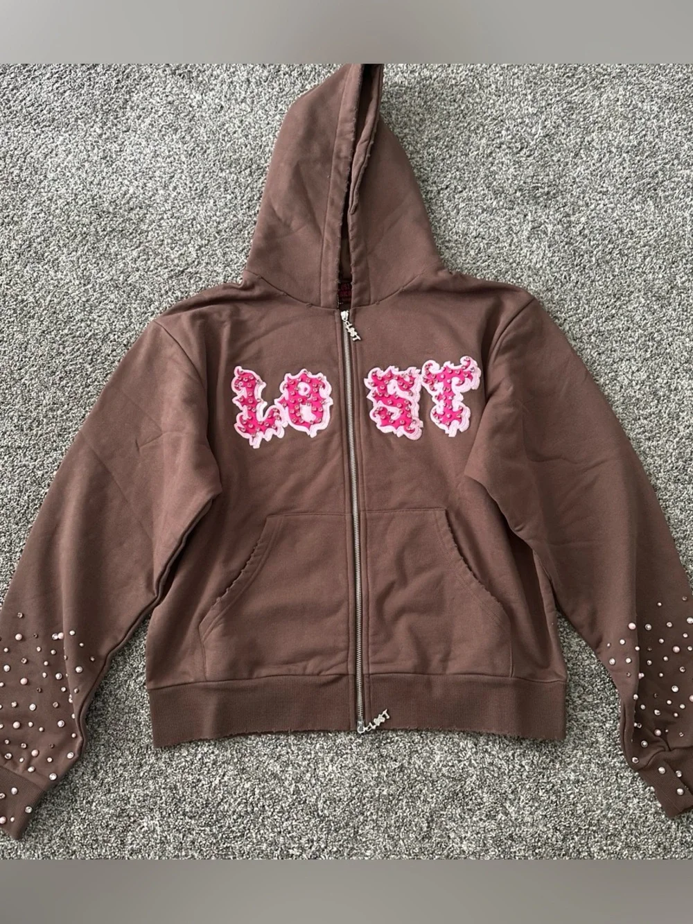 Lost Intricacy Brown & Pink Rhinestone Zip-Up Hoodie XL NWT